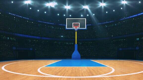 聚光灯在篮球场和篮筐上方闪烁
