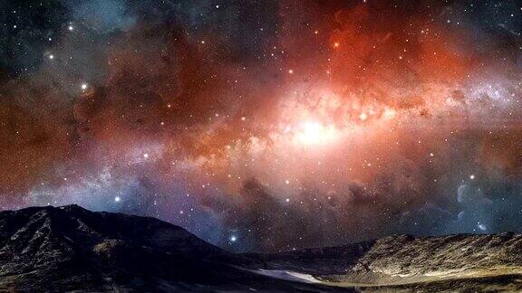 空间场景五彩缤纷的银河星云上面有湖泊和冰川