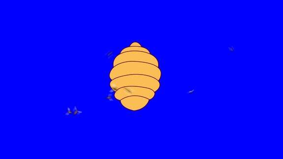 蓝屏上的蜜蜂围着蜂巢飞