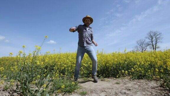 快乐的农夫在田间的油菜花上跳舞欢乐庆祝有趣的病毒式舞蹈自由人享受跳舞快乐的农夫跳舞油菜籽田蓝天