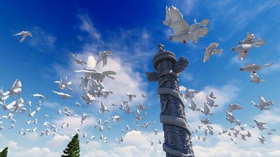 鸽子飞过蓝天白云和花表柱