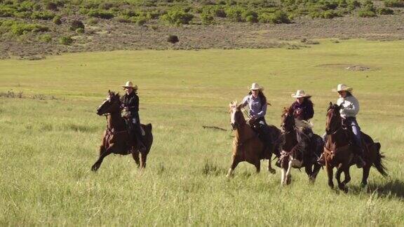 四个年轻的女牛仔赛跑他们的马穿过一个牧场在犹他州农村