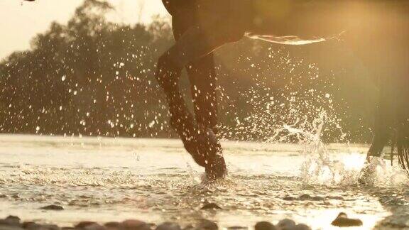 特写:马的腿溅水时在日落的河流