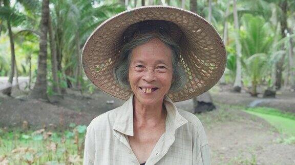亚洲笑资深女农民在椰子农场工作年长妇女的肖像微笑相机与快乐的脸年纪大了还健健康康带着幸福的观念生活