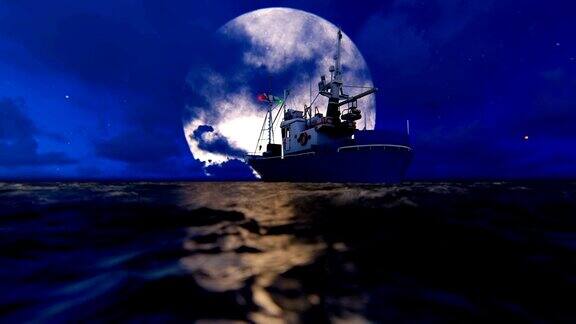 海上渔船对着美丽的大月亮