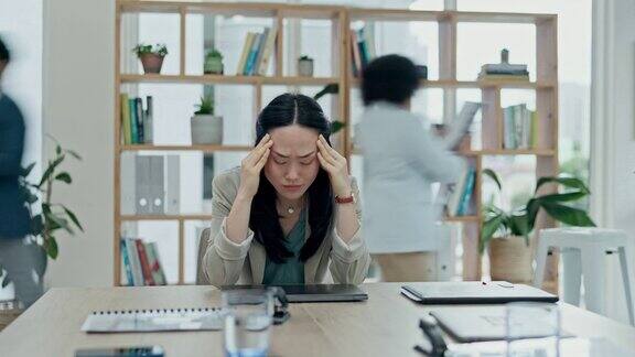 亚洲女性头痛和压力抑郁焦虑和时间流逝的混乱或繁忙的办公室工作场所出现倦怠、疲劳或业务危机的女性、错误或过度工作的员工
