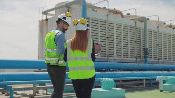两名维修工程师男、女在大楼的阳台上检查工作维修大楼的空调系统