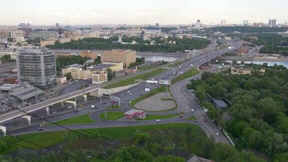 俄罗斯夏夜莫斯科城市交通三环交叉口航拍全景4k