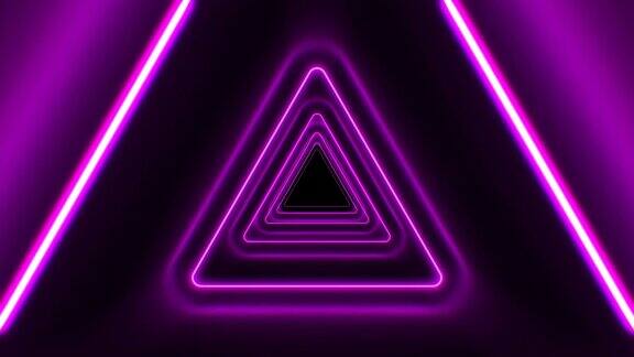 美丽的三角形隧道与霓虹灯线移动快紫色的明亮的颜色背景未来隧道与发光的灯循环3d动画艺术概念