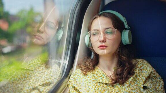 女人在火车上戴着耳机听音乐