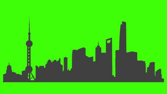 上海城市标志的剪影突然出现在绿色屏幕上