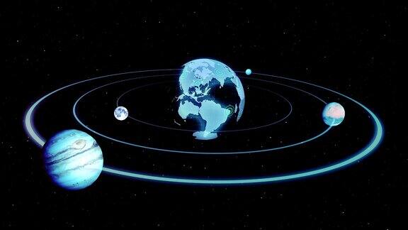 地球、月球、木星在太空中沿着椭圆运动的全息图