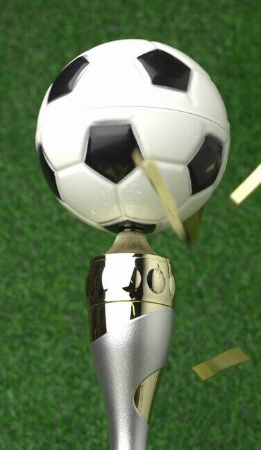 足球冠军奖杯周围环绕着飘落的金色五彩纸屑垂直视频4K