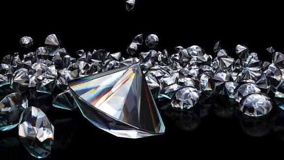 钻石落在黑色表面的慢动作动画
