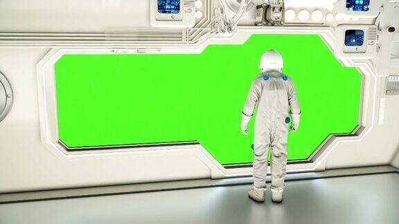 在宇宙飞船上观察宇宙的宇航员绿色的屏幕
