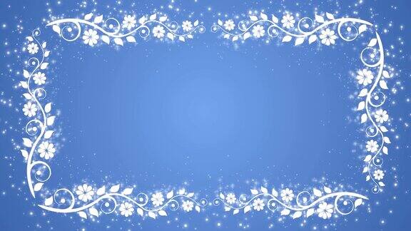 抽象的蓝色背景与花框架和发光粒子