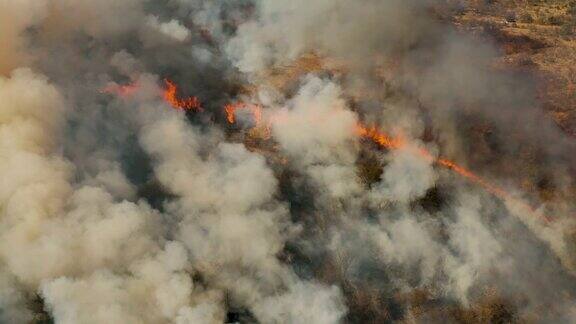气候危机由干旱和气候变化引起的南部非洲的一场草火的空中特写镜头
