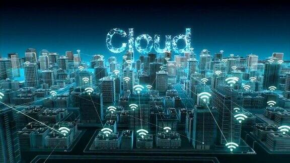 智能城市的无线智能传感器图标连接“云”计算技术蓝色x射线鸟瞰图4k动画