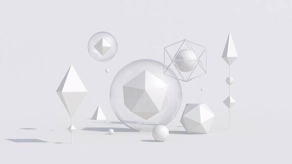 玻璃球中的白色几何形状单色抽象动画3d渲染