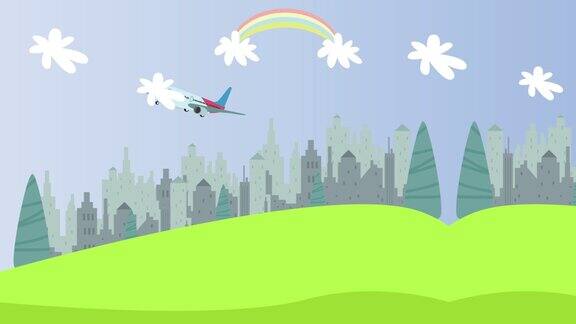 飞机在彩虹附近的城市上空飞行