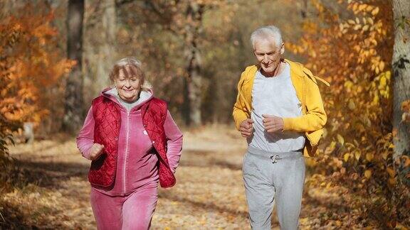 快乐的老年情侣在公园慢跑健康积极的生活方式慢动作