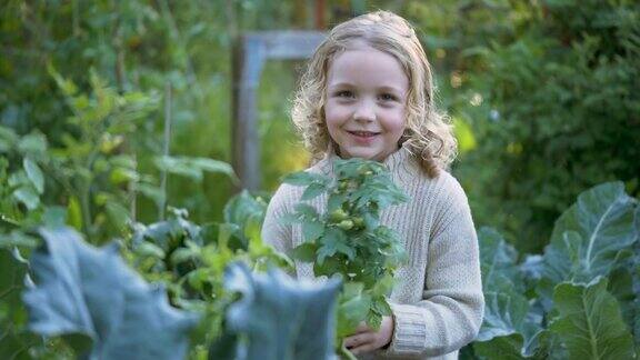 小女孩在社区花园拿着盆栽