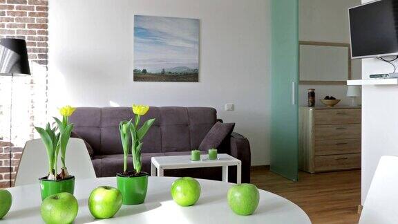 斯堪的纳维亚风格的新现代公寓的内部运动全景