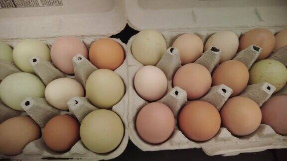 农场养鸡自由放养鸡蛋各种颜色包装在蛋盒农场到餐桌美国西部农场生活和可持续生活4K视频系列