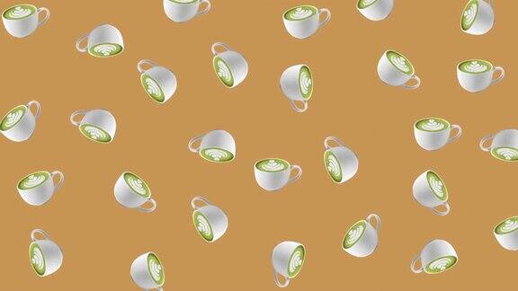 白色杯子和绿色抹茶拿铁咖啡和罗塞塔拿铁艺术摆动在米色背景特写无缝循环动画的现实3d食物和饮料最小运动设计艺术与复制空间