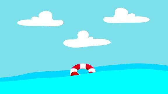 卡通救生圈漂浮在海上在蓝天的背景