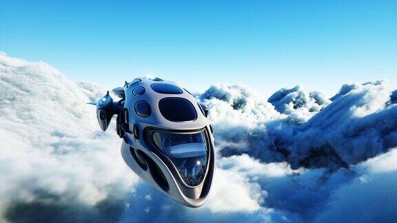 未来科幻飞船在云中飞行现实的4k的动画