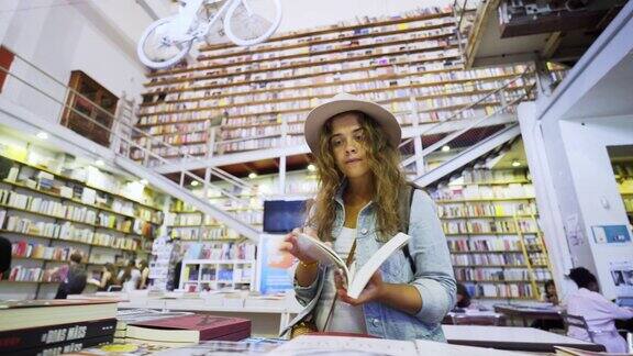 女孩戴着帽子在书店里看书