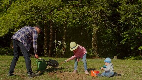 爸爸和两个孩子在公园里种树和浇水