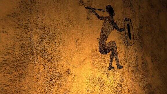 在洞壁上有一幅“武士”的洞穴画火焰照明舞动