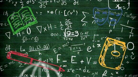 学校概念图标与数学方程式在黑板上