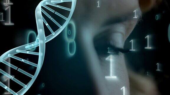 DNA动画与二进制代码在一个蓝色眼睛的特写背景