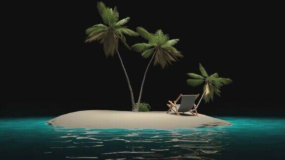 热带岛屿与棕榈树和阳光躺椅在一个透明的背景上键