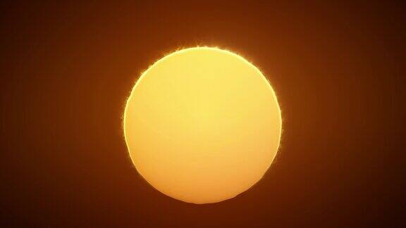 美丽清晰的大日出(日落)特写在地平线上方的热空气中扭曲着巨大的红热太阳