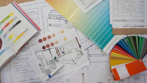 蓝图颜色样本铅笔颜色草图计划和文件的家庭装修