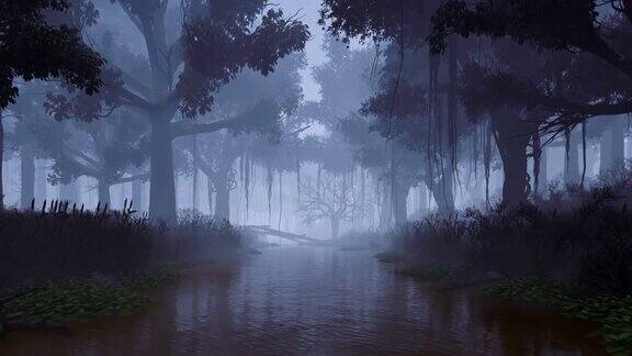 迷雾之夜神秘森林中的河流3D动画