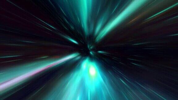 4K抽象蓝绿色和黑暗超空间翘曲隧道穿越时空动画循环科幻星际旅行通过虫洞在超空间涡旋隧道摘要隐形传态速度股票视频