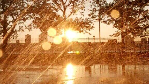 在日落时分用镜头光晕照亮公园里的喷泉营造浪漫气氛