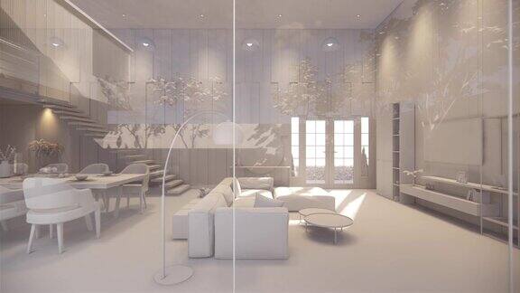 3d渲染室内设有厨房的现代开放式生活空间Loft风格复式公寓住宅家居装饰豪华室内设计