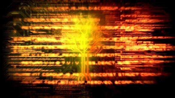 动画树由霓虹灯橙色和黄色的线在数据处理