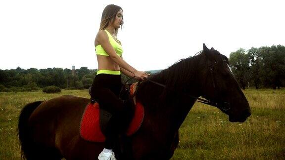 漂亮女孩骑着一匹漂亮的棕色马