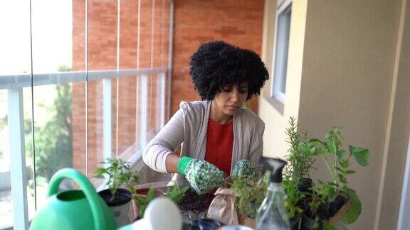 在家照顾植物的女人