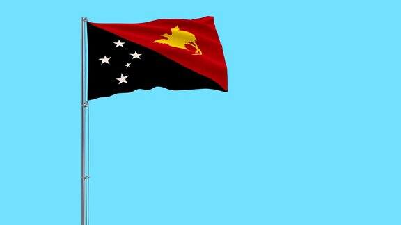 孤立的巴布亚新几内亚国旗旗杆在风中飘扬蓝色背景3d渲染