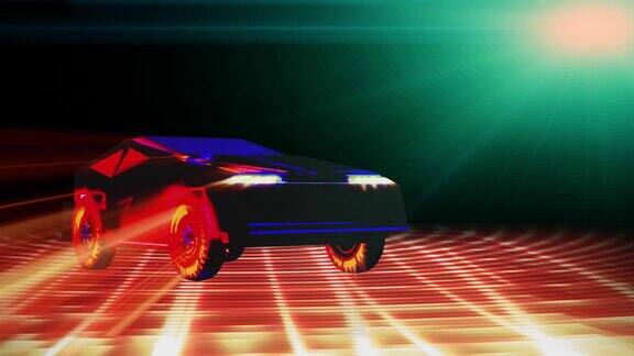 高速跑车的未来奔向霓虹城市-未来概念3d渲染