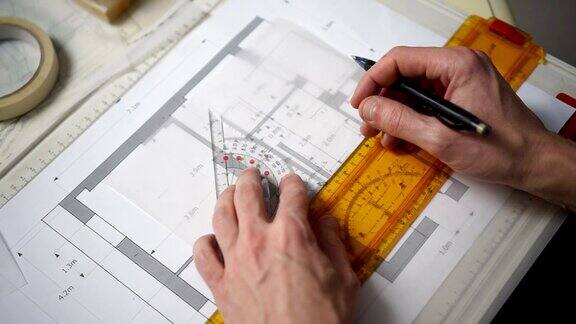 工程师用铅笔和尺子在描图纸上画几何形状
