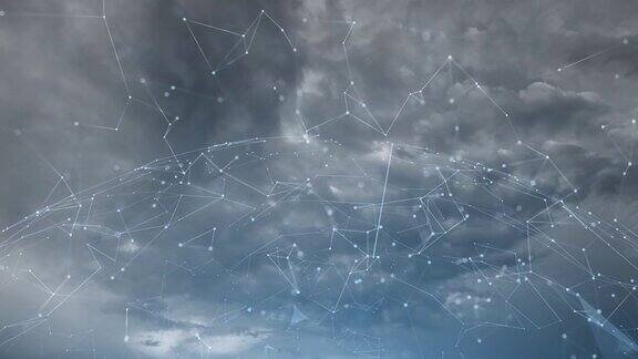 艺术计算机网络空间与线和点在多云的天空延时运动背景